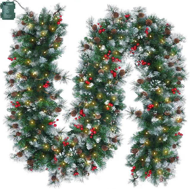 brightown-9ft-100-led-battery-operated-christmas-garland-with-lights-pine-cones- image 1