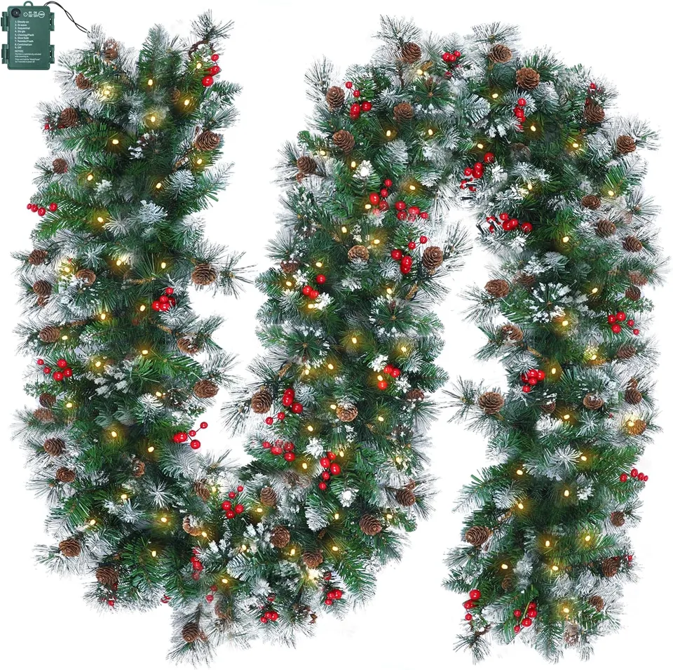 brightown-9ft-100-led-battery-operated-christmas-garland-with-lights-pine-cones- image 1