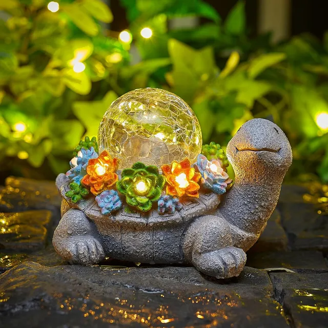 brightown-solar-powered-turtle-statue-with-5-succulent-led-lights-for-garden-bac image 1