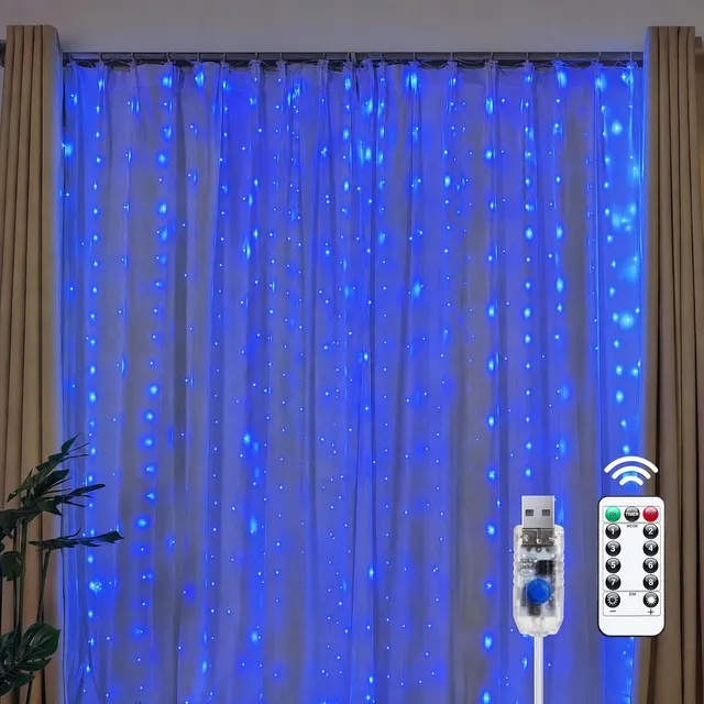 brightown-300-led-usb-powered-dimmable-window-curtain-lights-with-remote-blue image 1