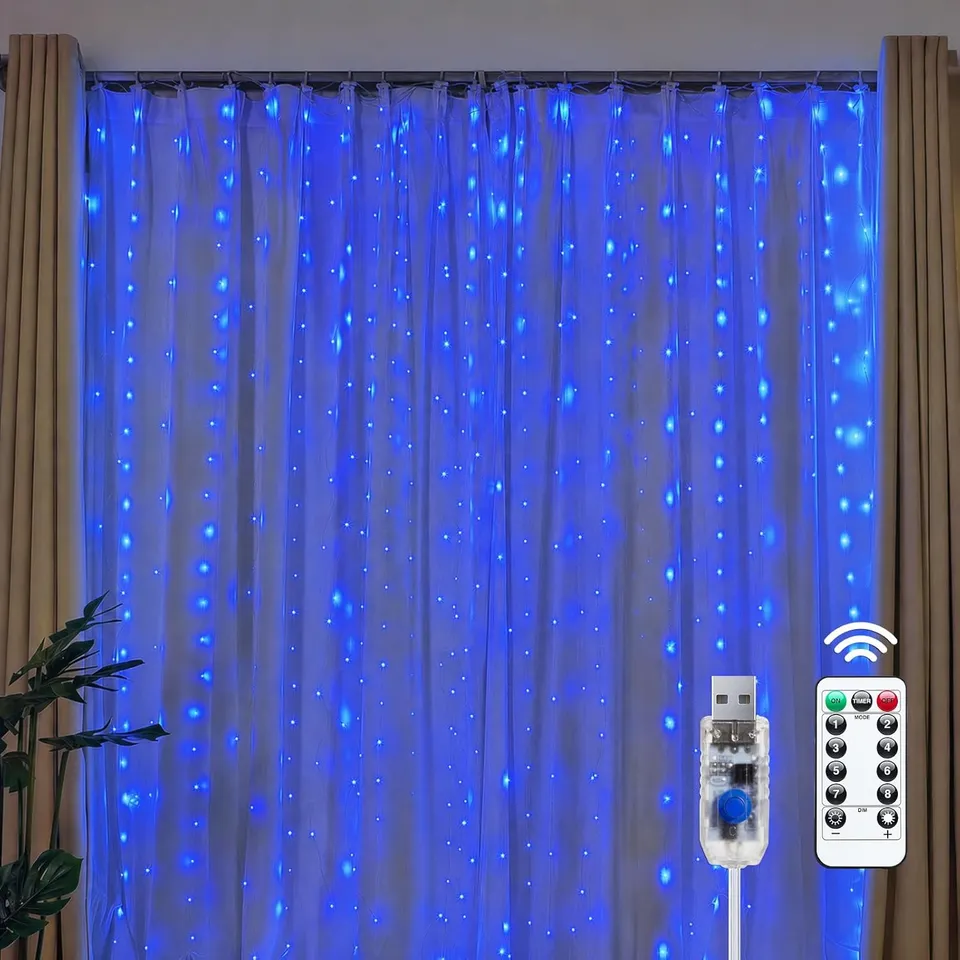 brightown-300-led-usb-powered-dimmable-window-curtain-lights-with-remote-blue image 1