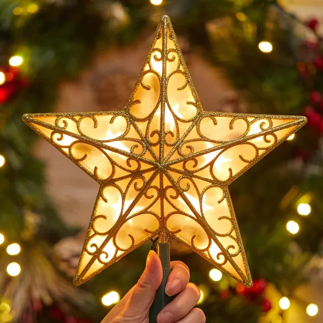 brightown-9-5-inch-plug-in-lighted-golden-glittered-3d-star-tree-topper image 1