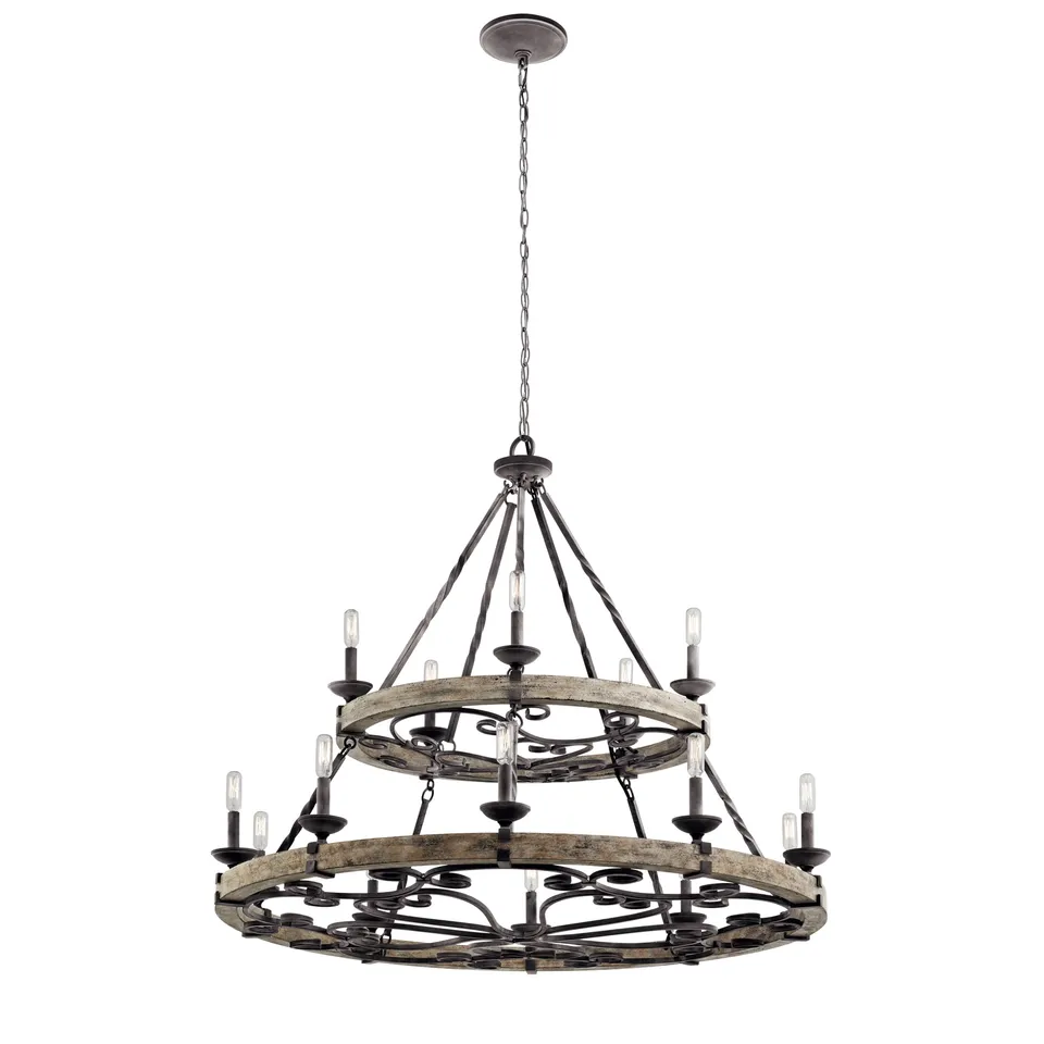 kichler-taulbee-15-light-2-tier-chandelier-weathered-zinc-with-wood-accents-4382 image 1