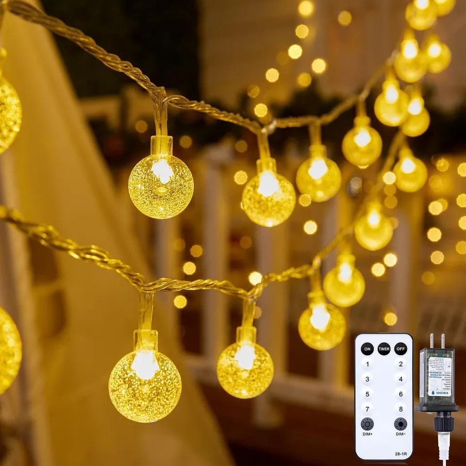 brightown-33ft-100-led-plug-in-crystal-globe-fairy-string-lights-with-remote-war image 1