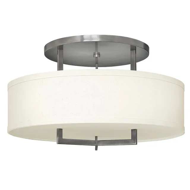 hinkley-hampton-semi-flush-mount-light-antique-nickel-off-white-linen-drum-shade image 1