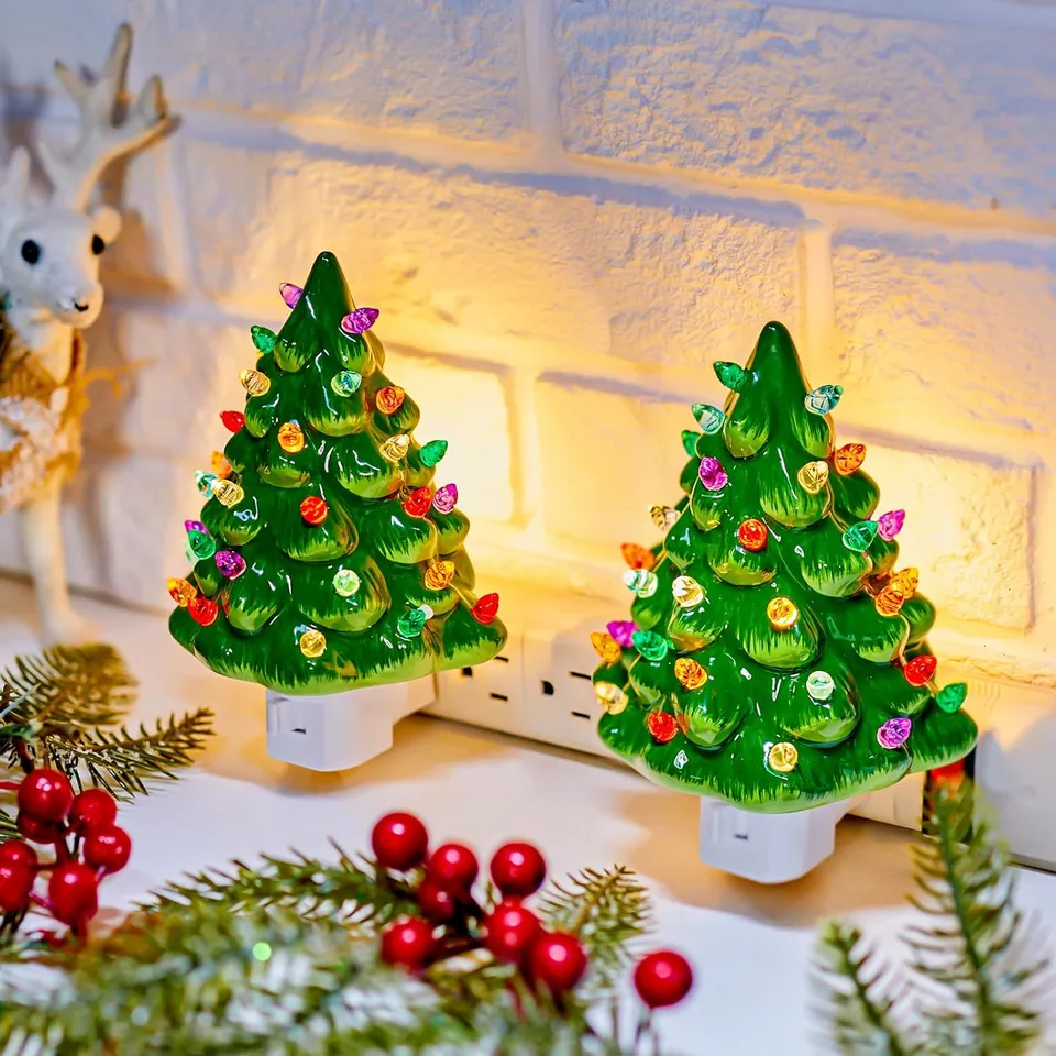 brightown-2-pack-ceramic-christmas-tree-night-lights-6-inch-green image 1