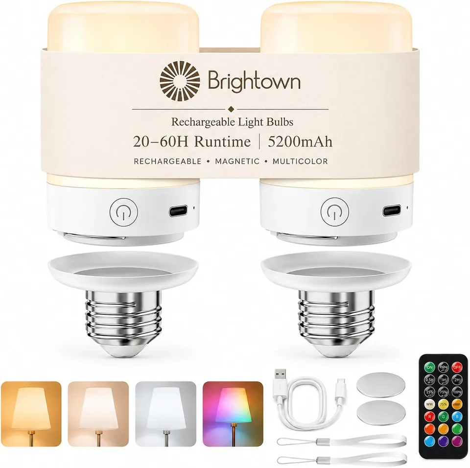 brightown-rechargeable-e26-light-bulbs-2-pack-with-remote-5200mah-9-rgb-colors-t image 1