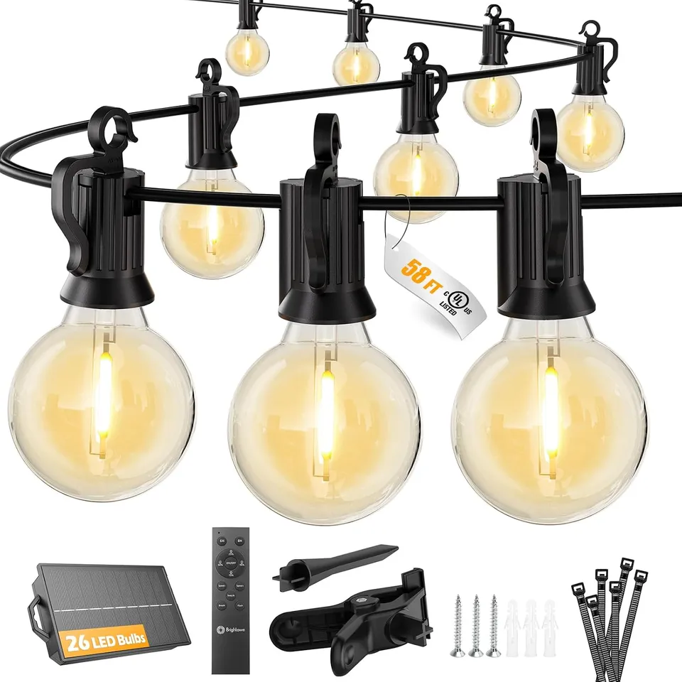brightown-58ft-solar-powered-g40-26-led-bulbs-string-lights-with-remote-usb-port image 1