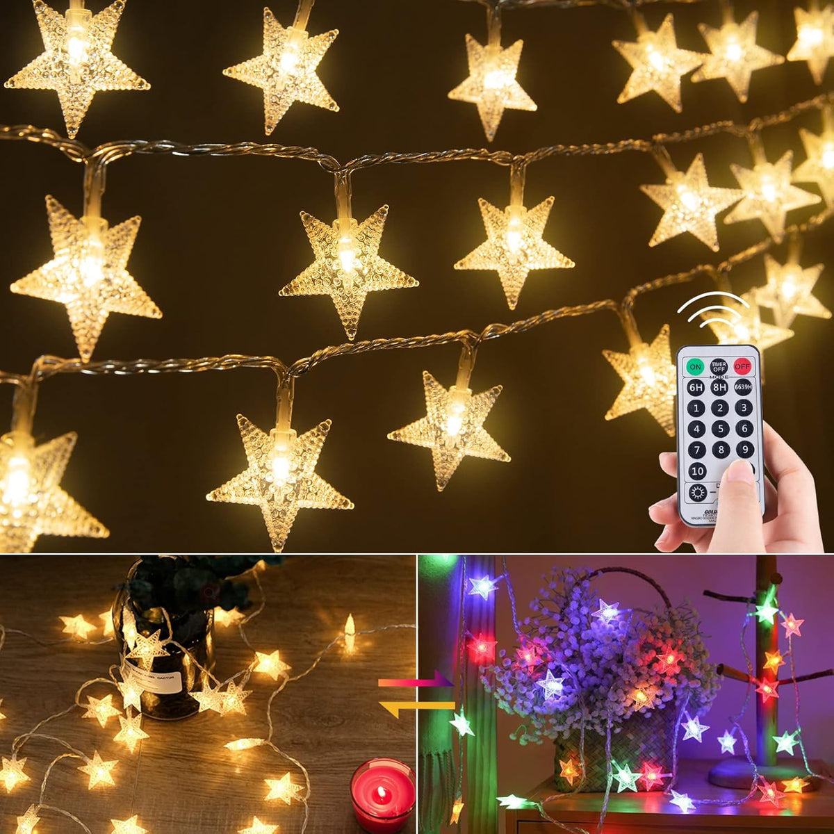 brightown-33ft-100-led-plug-in-stars-fairy-string-lights-with-remote-warm-white- image 1