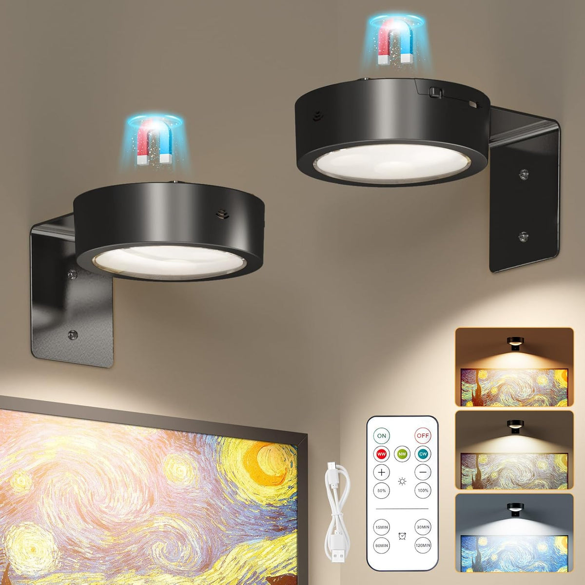 brightown-magnetic-picture-lights-with-remote-control-dimmable-3-color-temperatu image 1