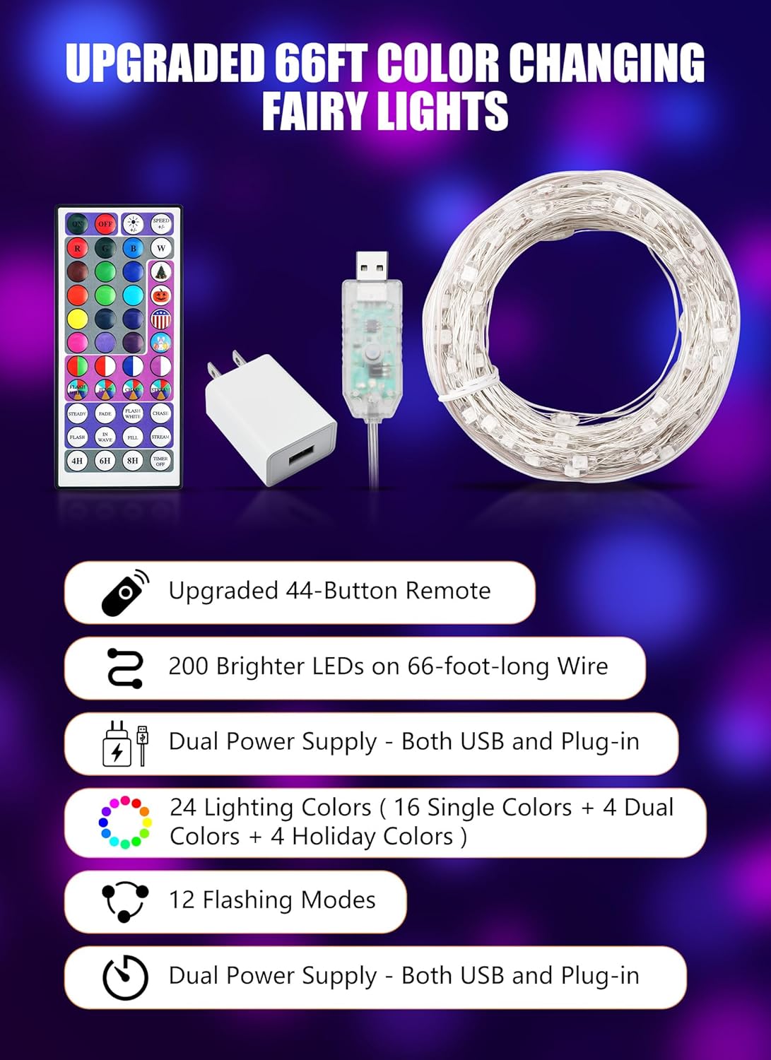 brightown-66ft-200-led-24-color-changing-usb-silver-wire-lights-with-remote-for- image 3
