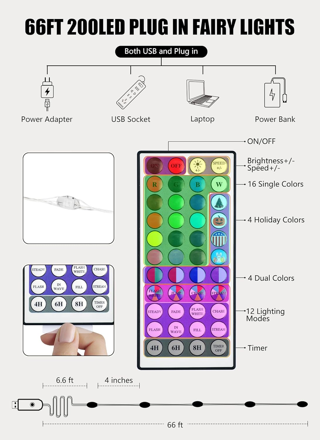 brightown-66ft-200-led-24-color-changing-usb-silver-wire-lights-with-remote-for- image 5