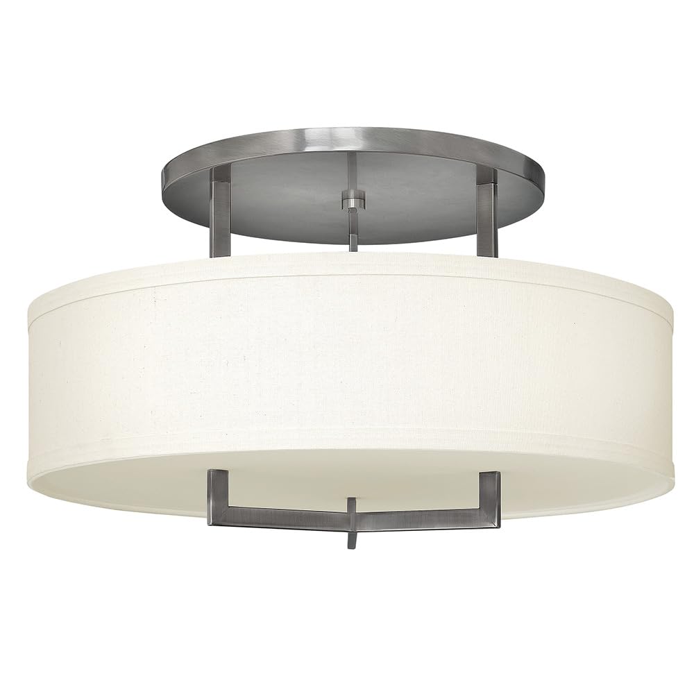 hinkley-hampton-semi-flush-mount-light-antique-nickel-off-white-linen-drum-shade image 1