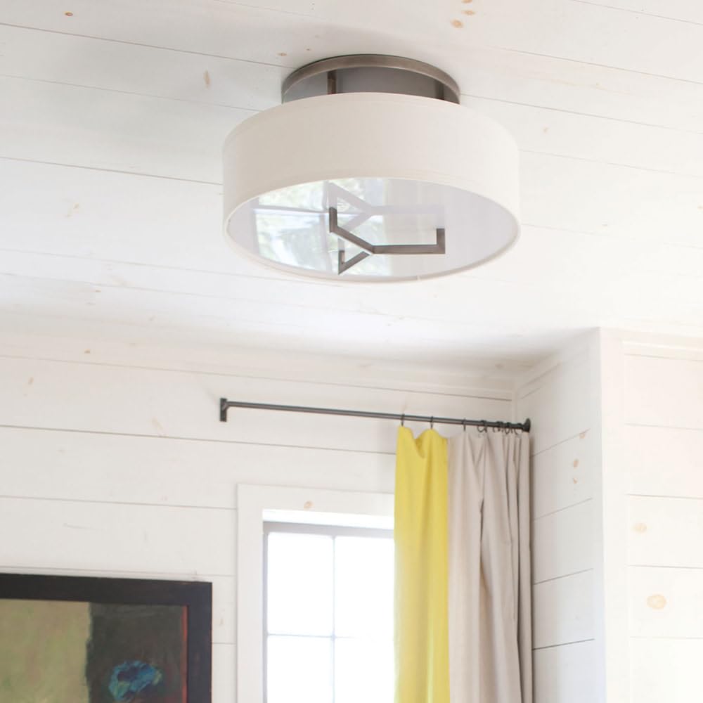hinkley-hampton-semi-flush-mount-light-antique-nickel-off-white-linen-drum-shade image 2