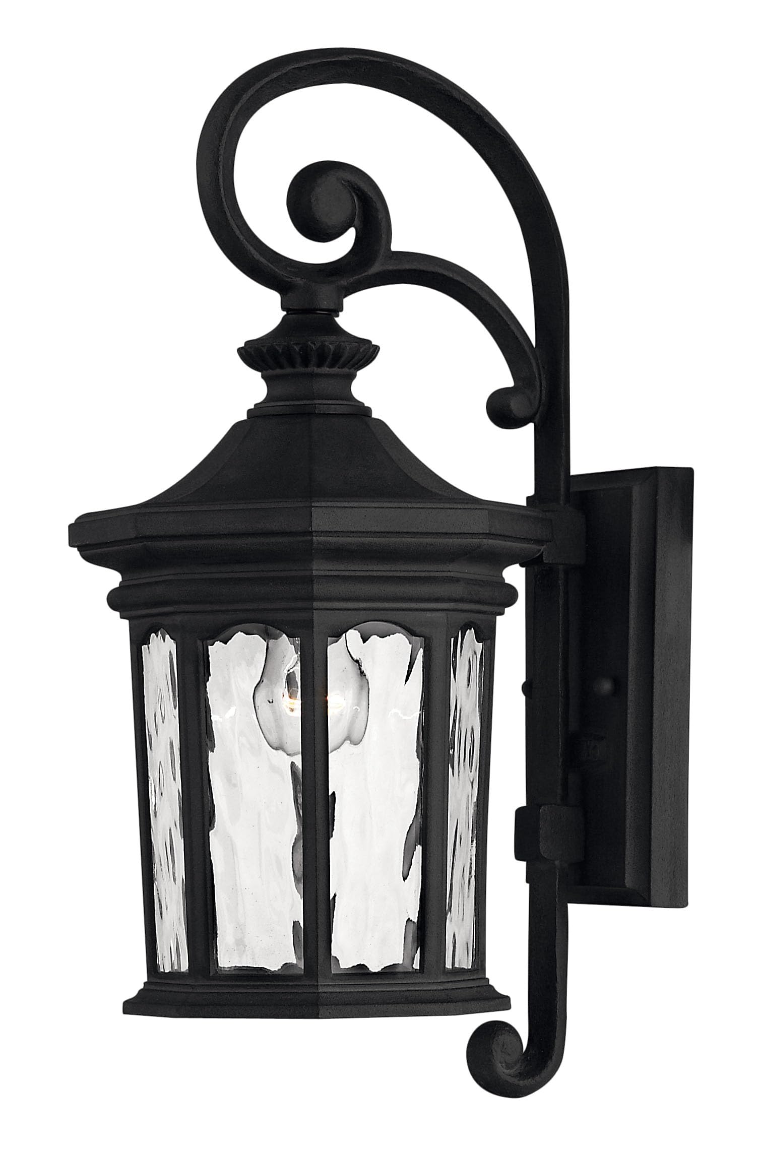 hinkley-raley-medium-wall-mount-outdoor-lantern-museum-black-finish-clear-water- image 1