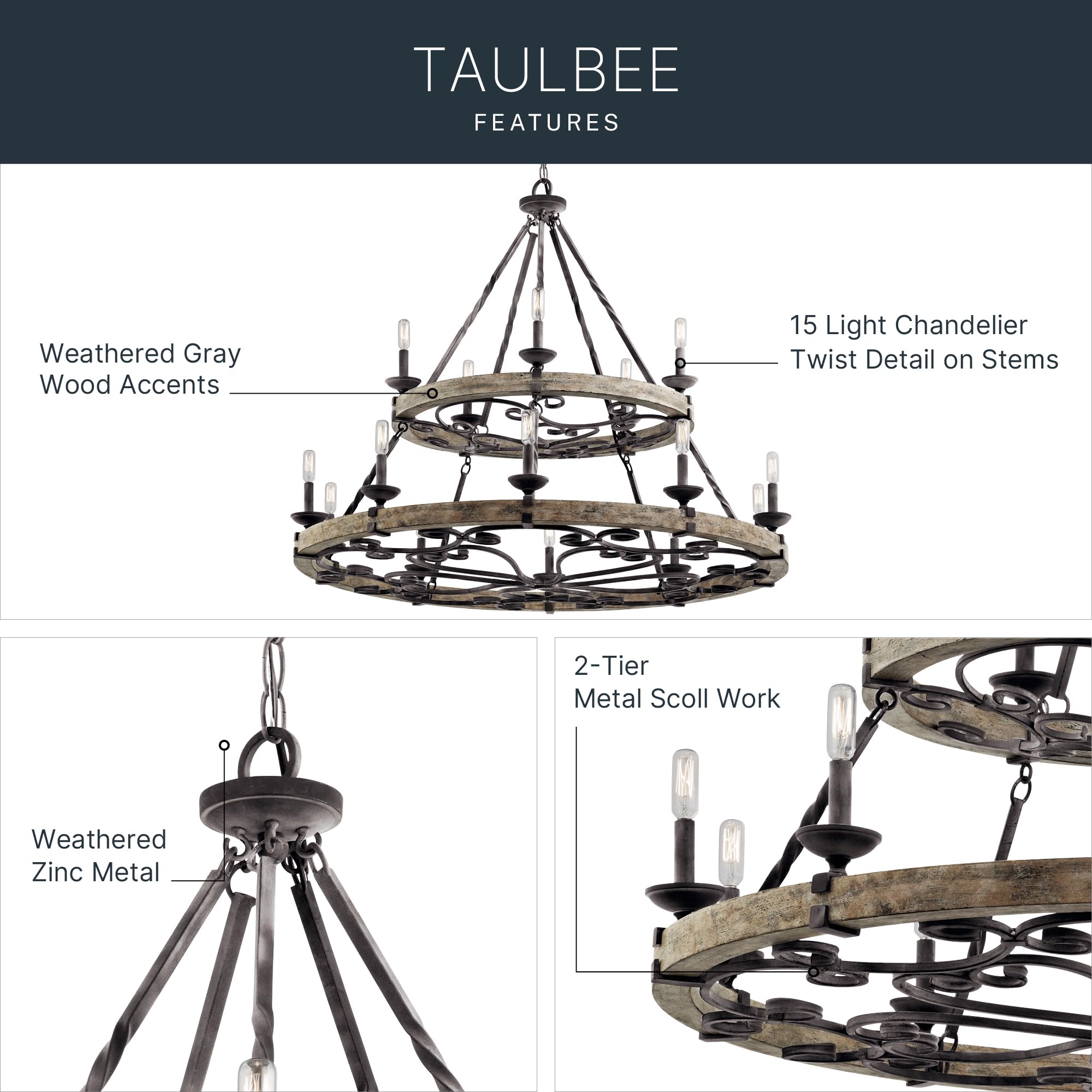 kichler-taulbee-15-light-2-tier-chandelier-weathered-zinc-with-wood-accents-4382 image 3