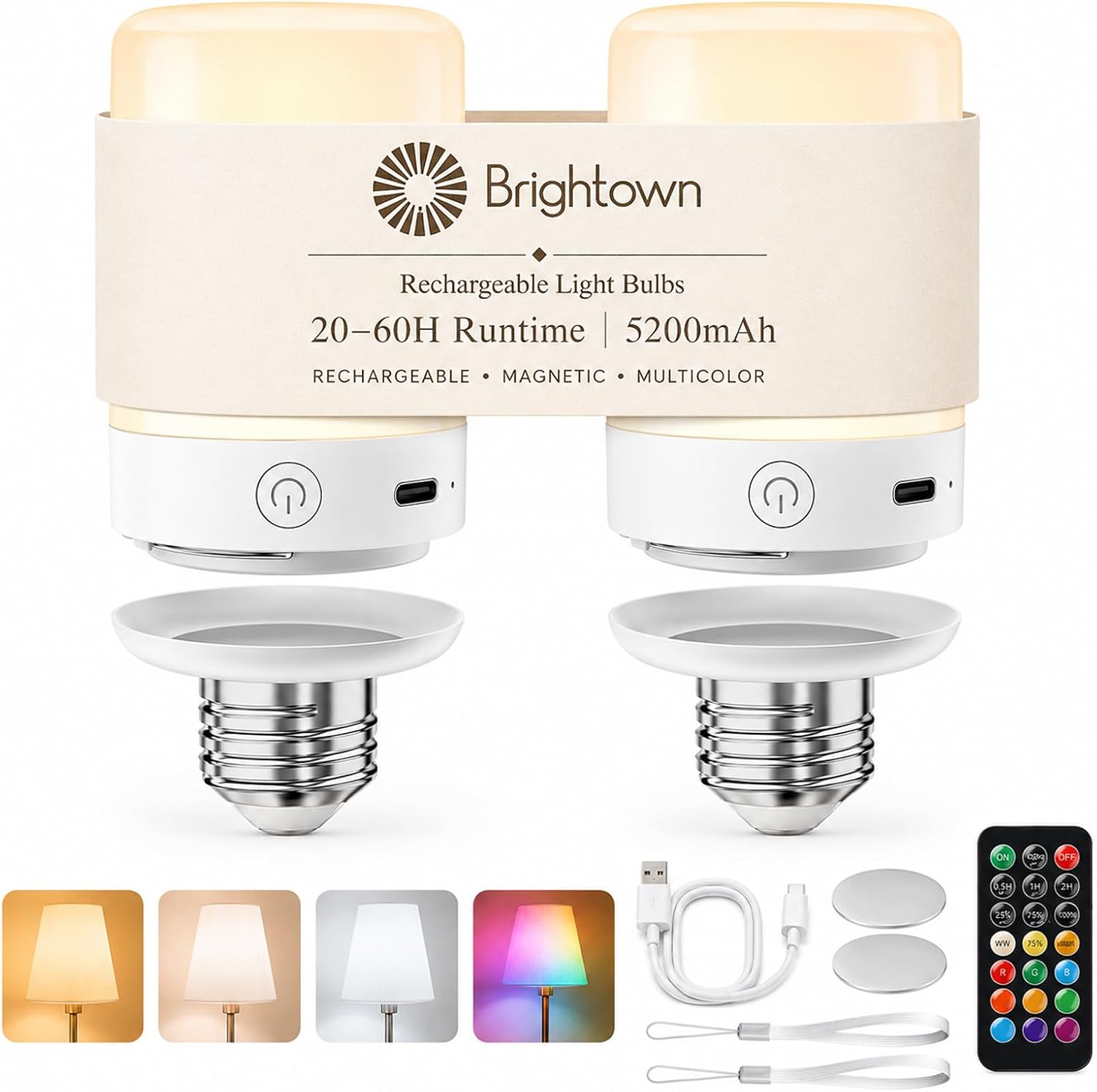 brightown-rechargeable-e26-light-bulbs-2-pack-with-remote-5200mah-9-rgb-colors-t image 1