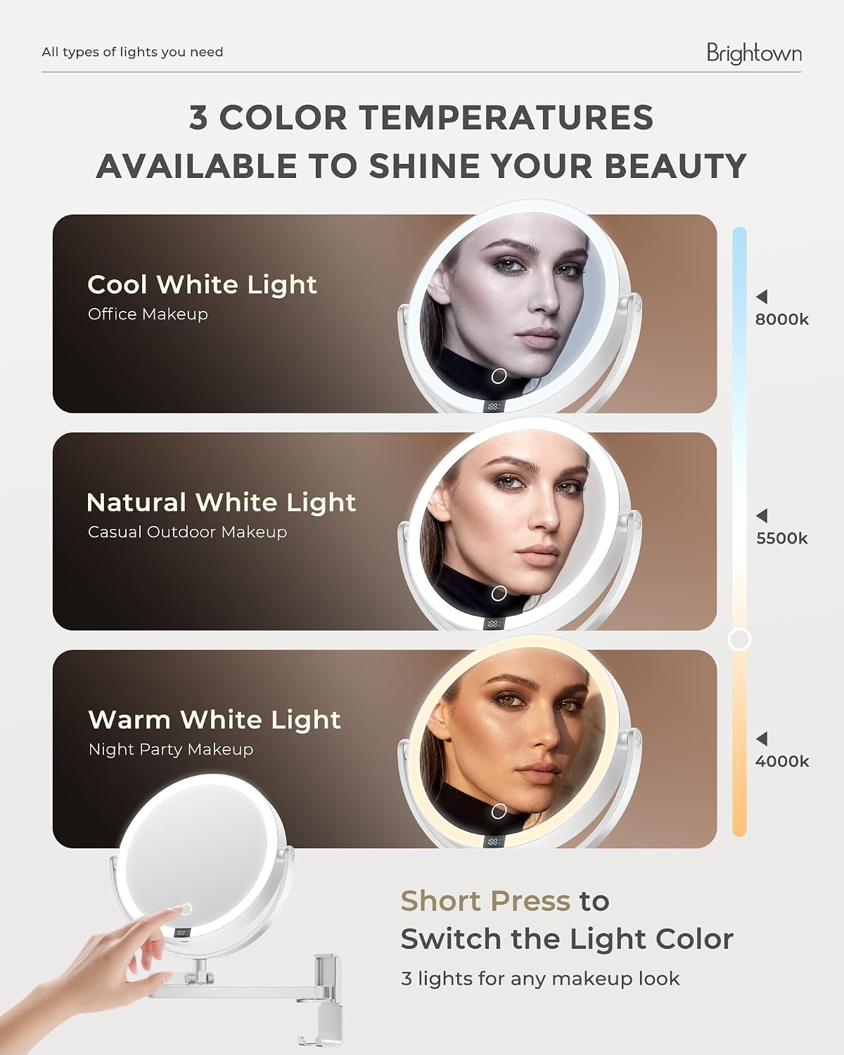 brightown-4000mah-rechargeable-wall-mounted-lighted-makeup-mirror-3-color-lights image 3