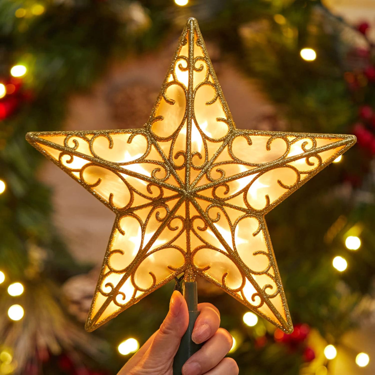 brightown-9-5-inch-plug-in-lighted-golden-glittered-3d-star-tree-topper image 1