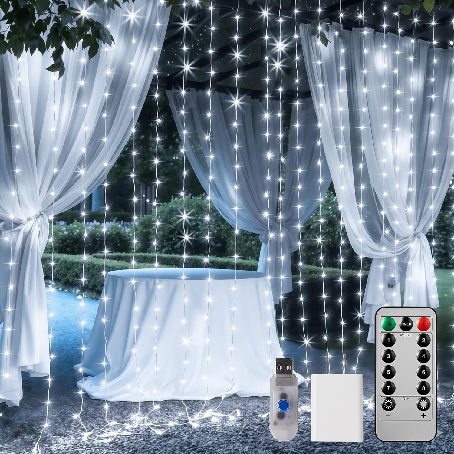 brightown-300-led-9-8-ft-usb-plug-in-curtain-fairy-lights-with-remote-usb-adapte image 1