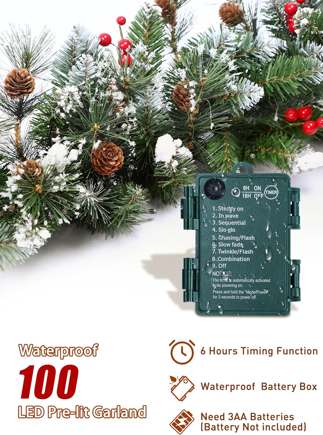 brightown-9ft-100-led-battery-operated-christmas-garland-with-lights-pine-cones- image 4