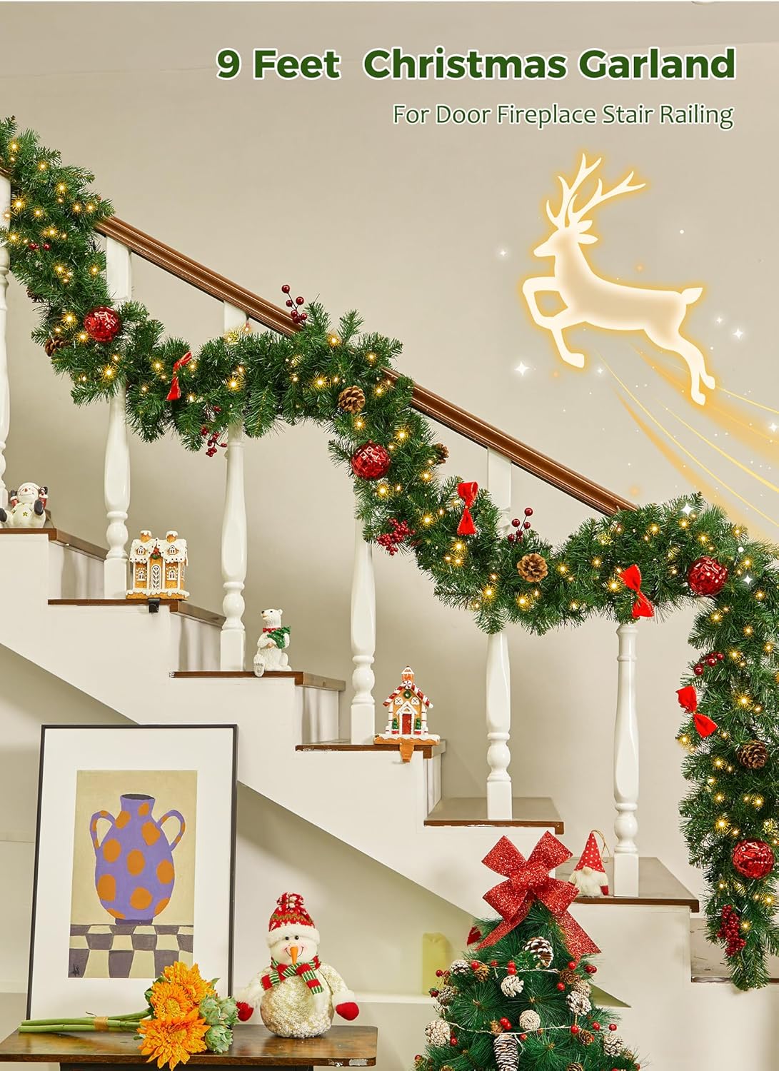 brightown-9ft-christmas-garland-with-lights-battery-operated-100-led-white-light image 2
