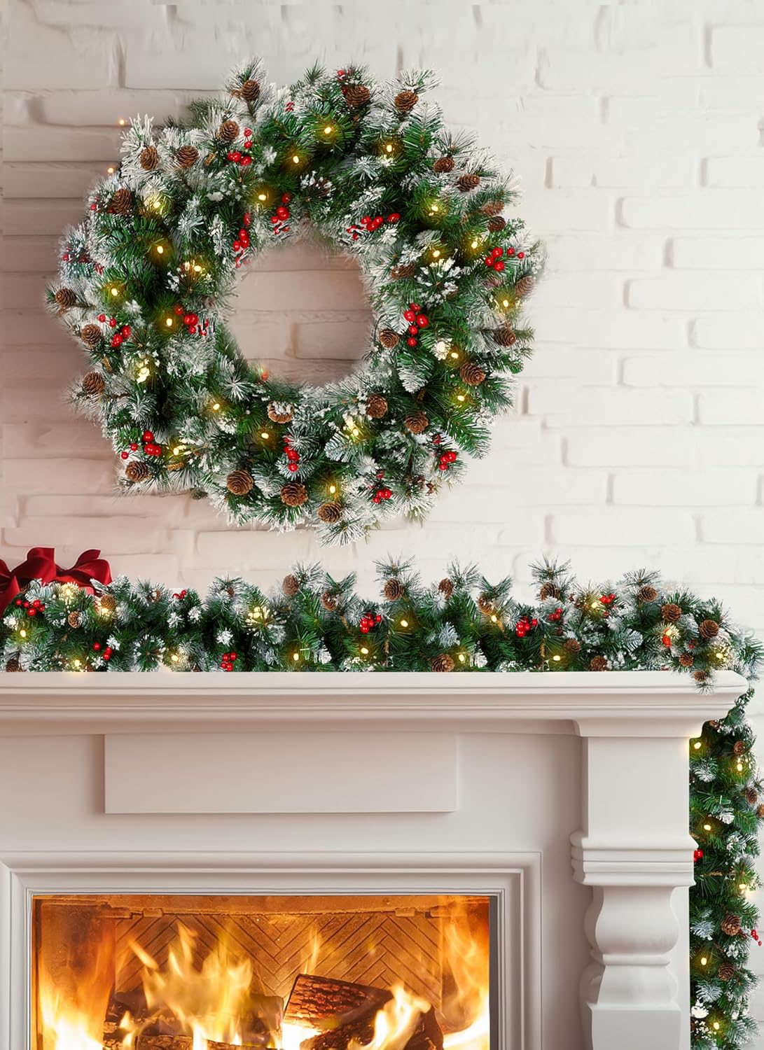 brightown-9ft-100-led-battery-operated-christmas-garland-with-lights-pine-cones- image 3