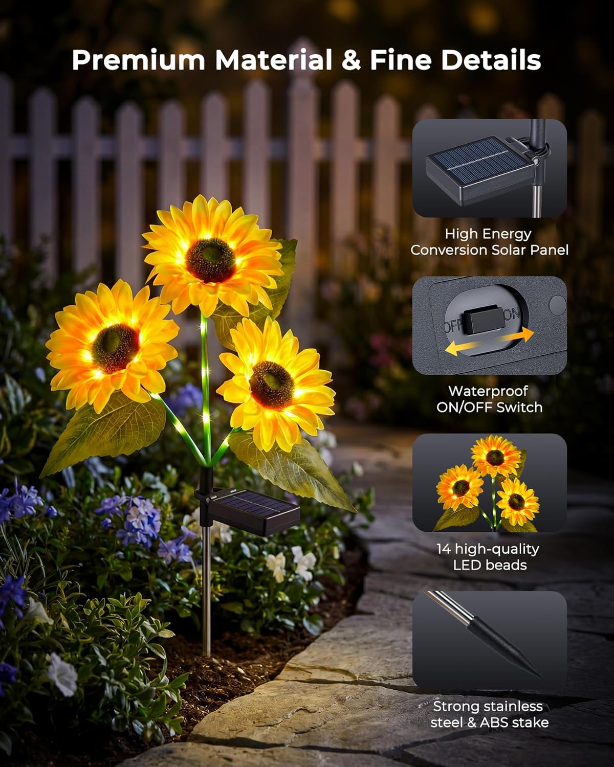 brightown-3-pack-solar-powered-sunflower-stake-lights-with-42-warm-white-leds-fo image 2