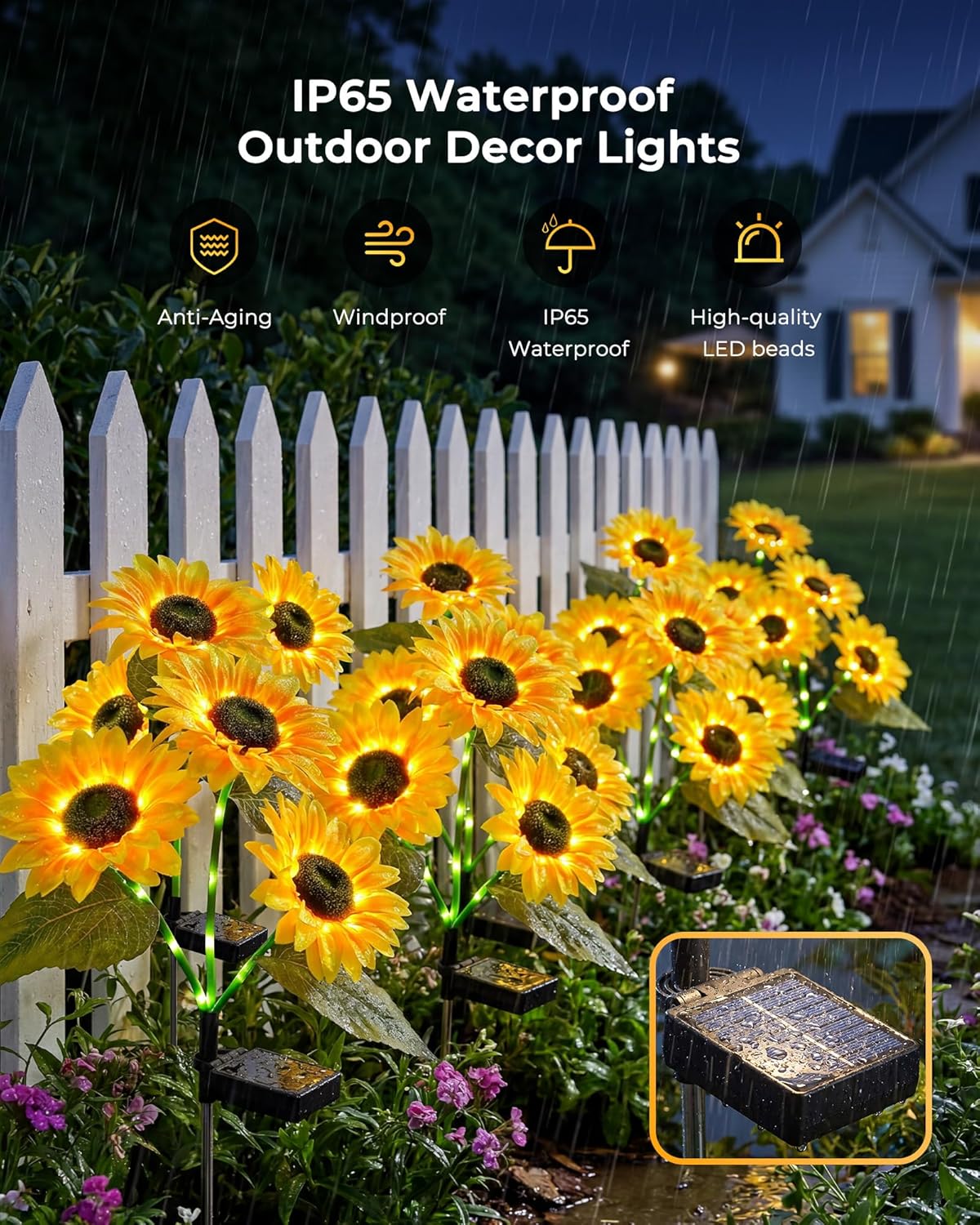 brightown-3-pack-solar-powered-sunflower-stake-lights-with-42-warm-white-leds-fo image 3