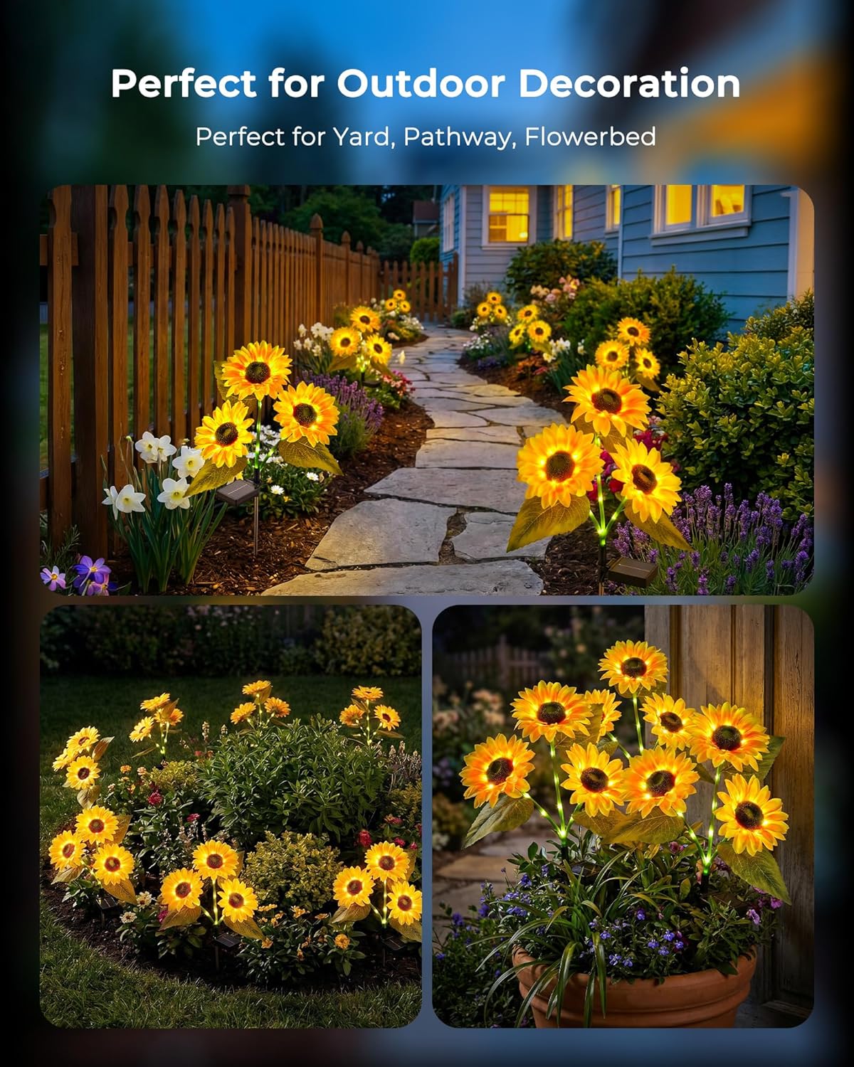 brightown-3-pack-solar-powered-sunflower-stake-lights-with-42-warm-white-leds-fo image 6