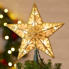 brightown-9-5-inch-plug-in-lighted-golden-glittered-3d-star-tree-topper image 2