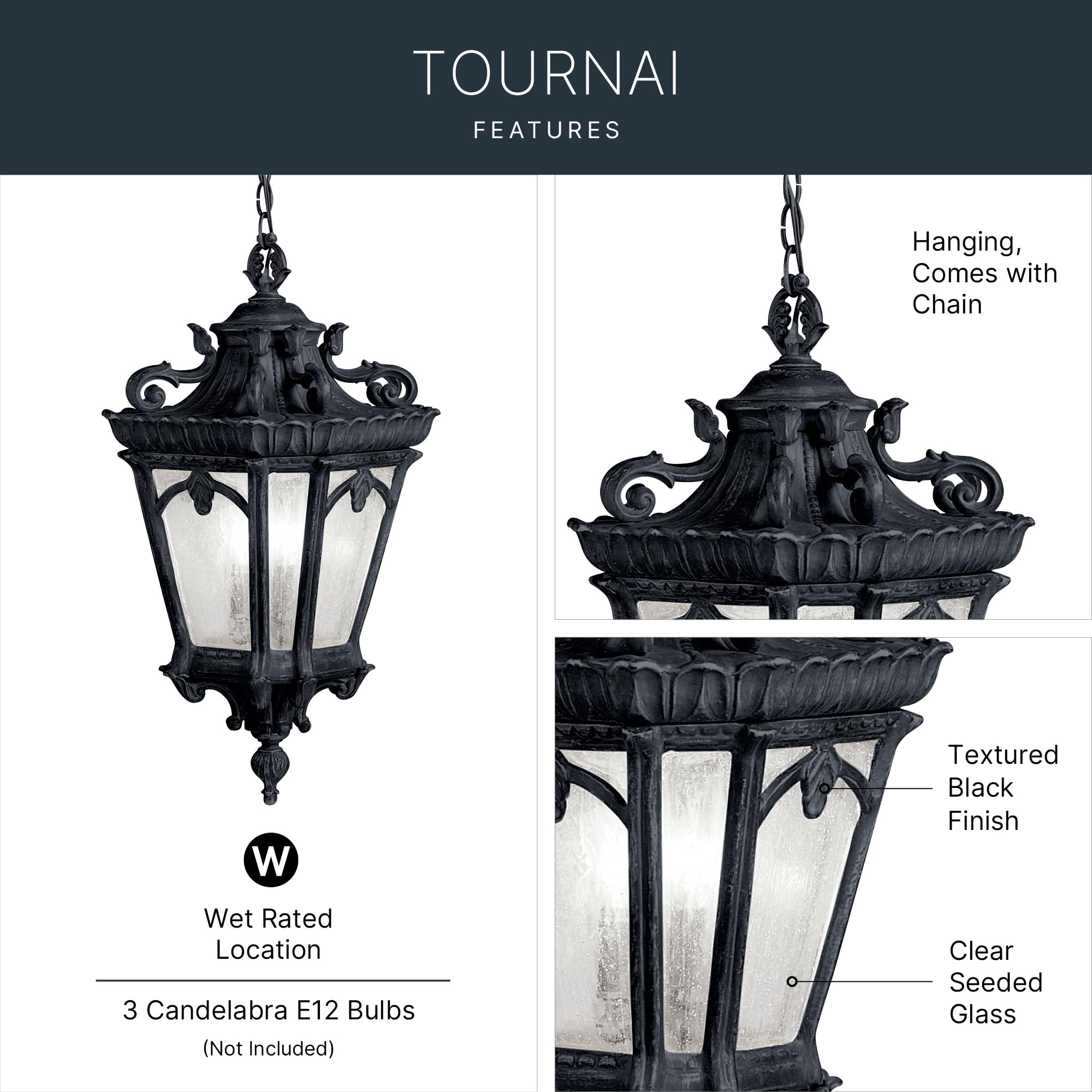 kichler-tournai-3-light-outdoor-pendant-textured-black-clear-seeded-glass-9855bk image 3