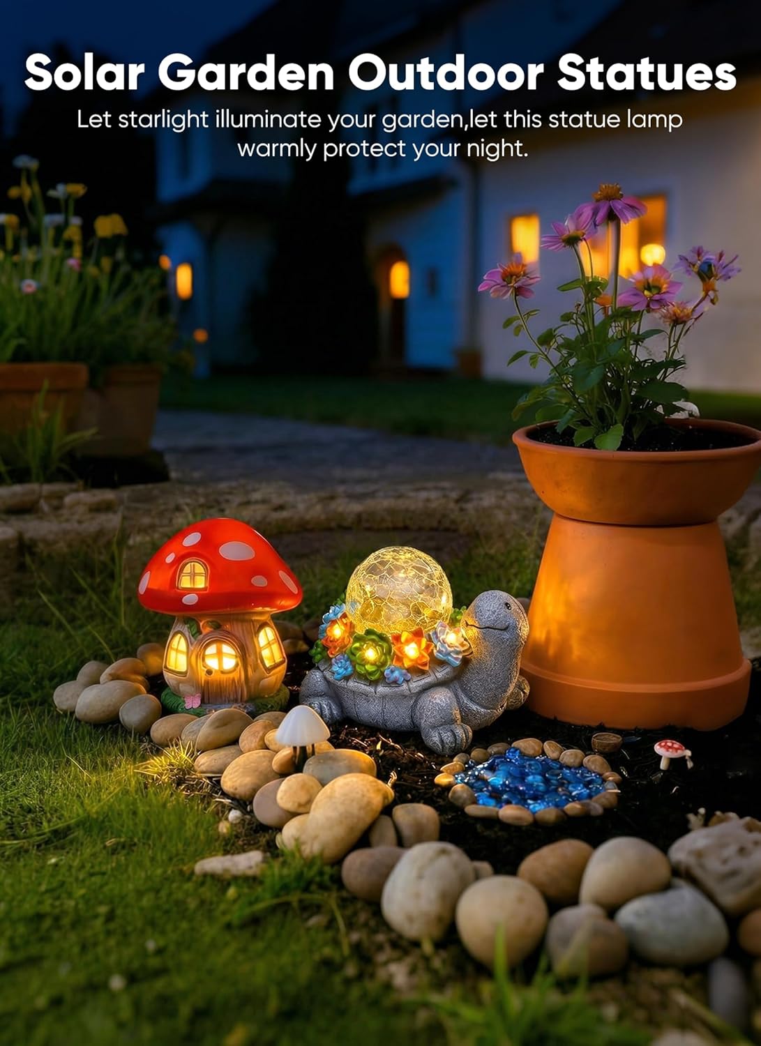 brightown-solar-powered-turtle-statue-with-5-succulent-led-lights-for-garden-bac image 2
