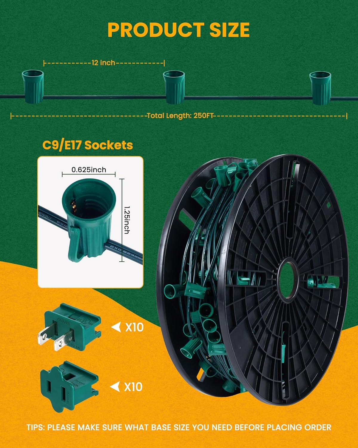 brightown-commercial-250ft-c9-christmas-light-sockets-on-spool-12-spacing-green- image 2