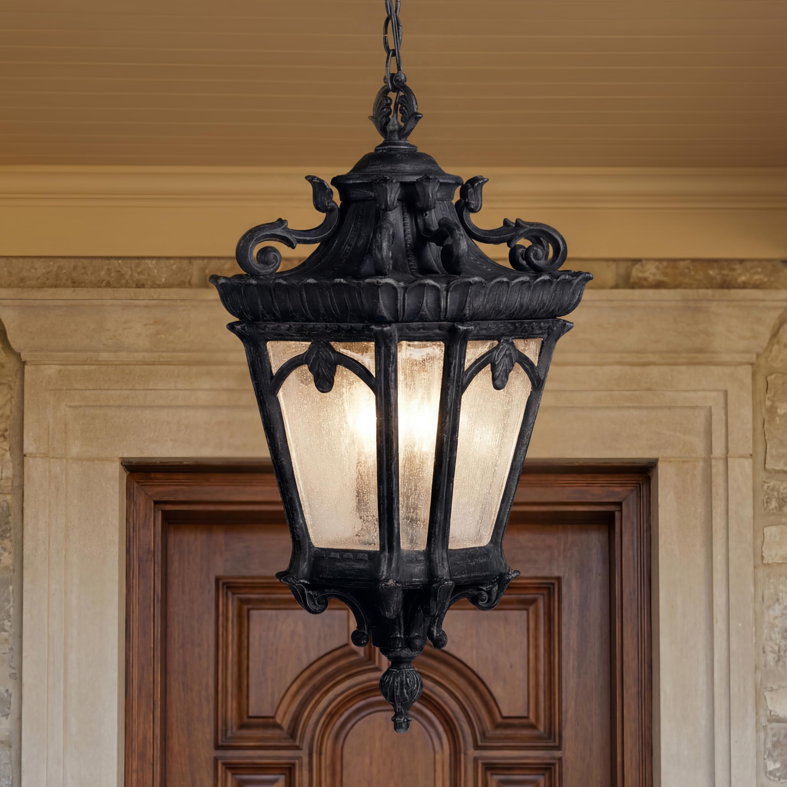 kichler-tournai-3-light-outdoor-pendant-textured-black-clear-seeded-glass-9855bk image 2