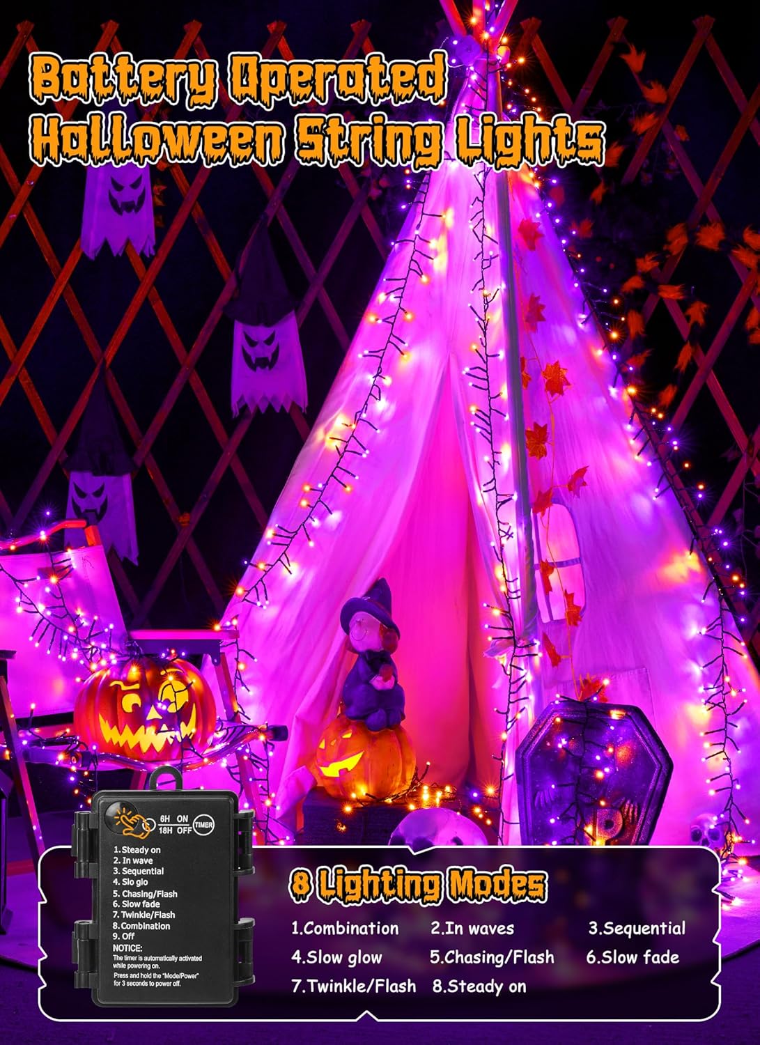 brightown-10ft-120-led-halloween-string-lights-battery-operated-orange-purple-8- image 3