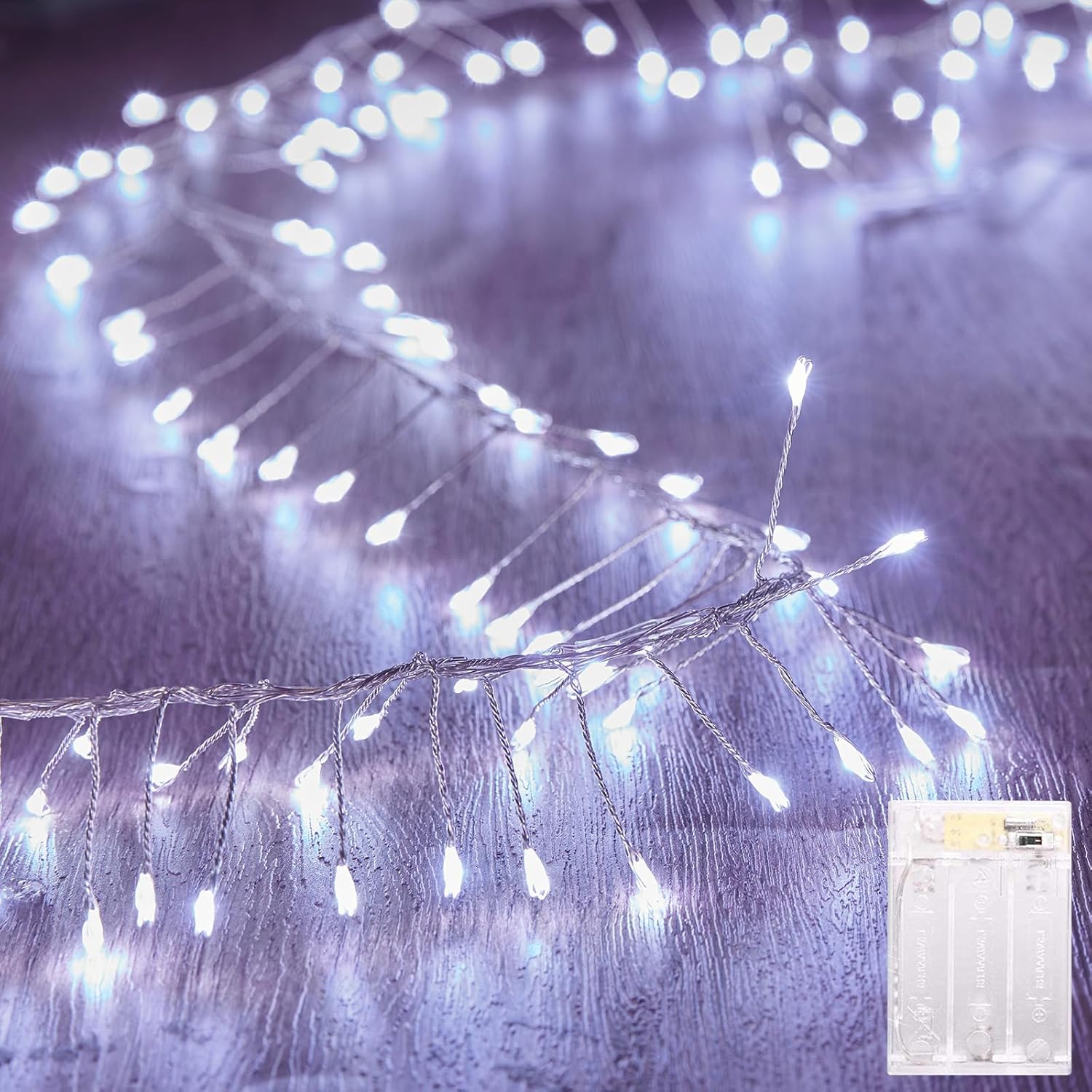 brightown-pure-white-10ft-120-led-battery-operated-silver-wire-firecracker-clust image 1