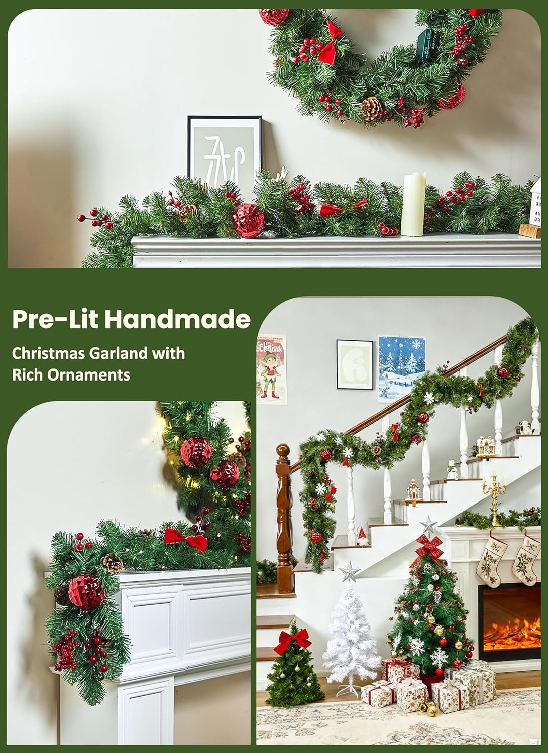 brightown-9ft-christmas-garland-with-lights-battery-operated-100-led-white-light image 3