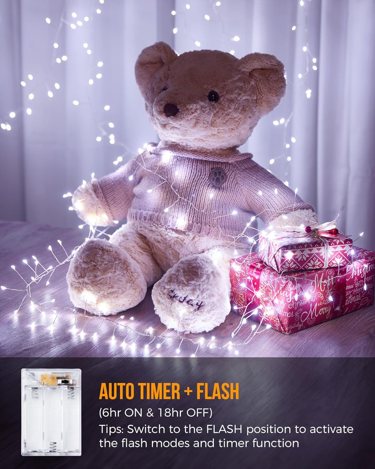 brightown-pure-white-10ft-120-led-battery-operated-silver-wire-firecracker-clust image 5