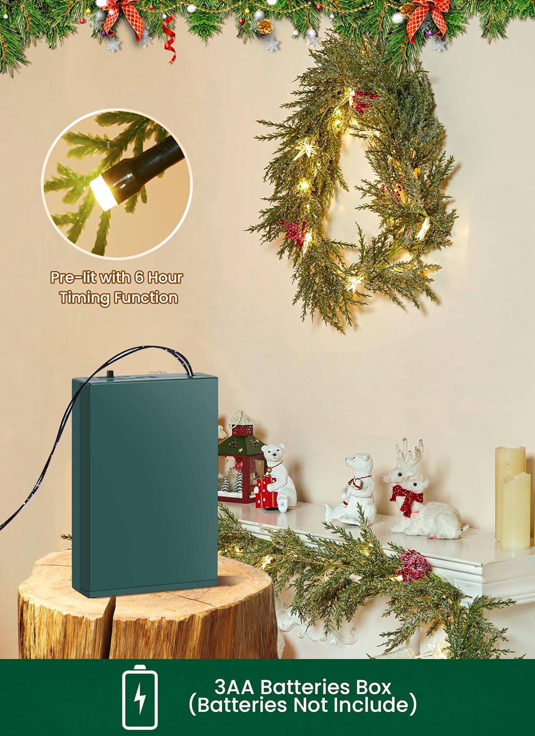 brightown-6ft-battery-operated-christmas-garland-with-20-led-pre-lit-pine-leaves image 5