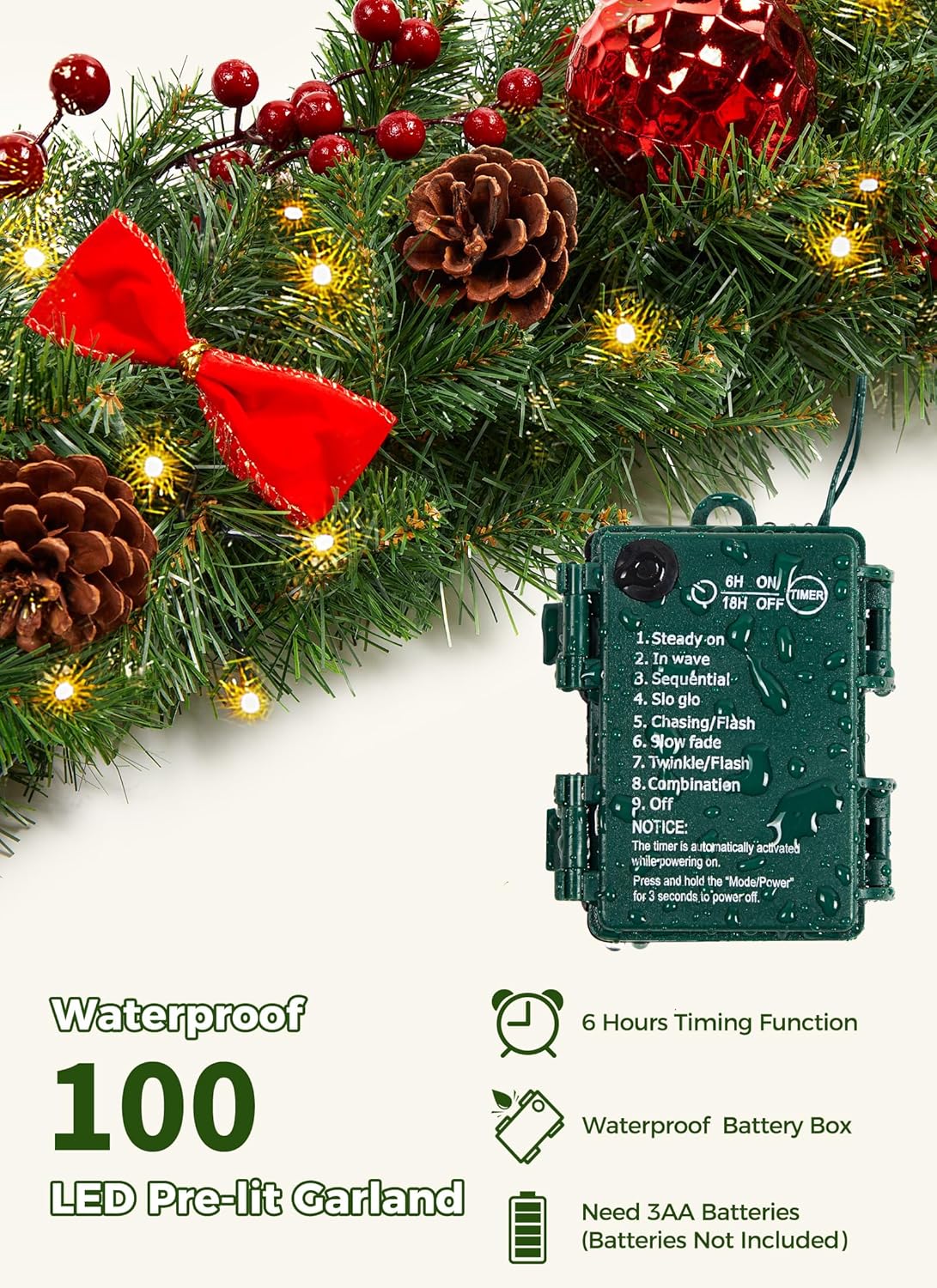brightown-9ft-christmas-garland-with-lights-battery-operated-100-led-white-light image 8