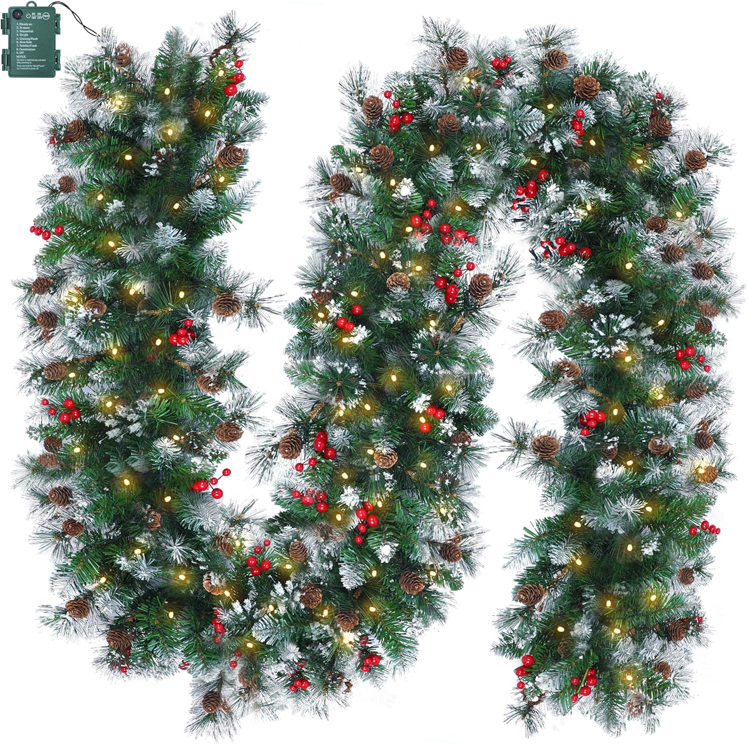 brightown-9ft-100-led-battery-operated-christmas-garland-with-lights-pine-cones- image 1