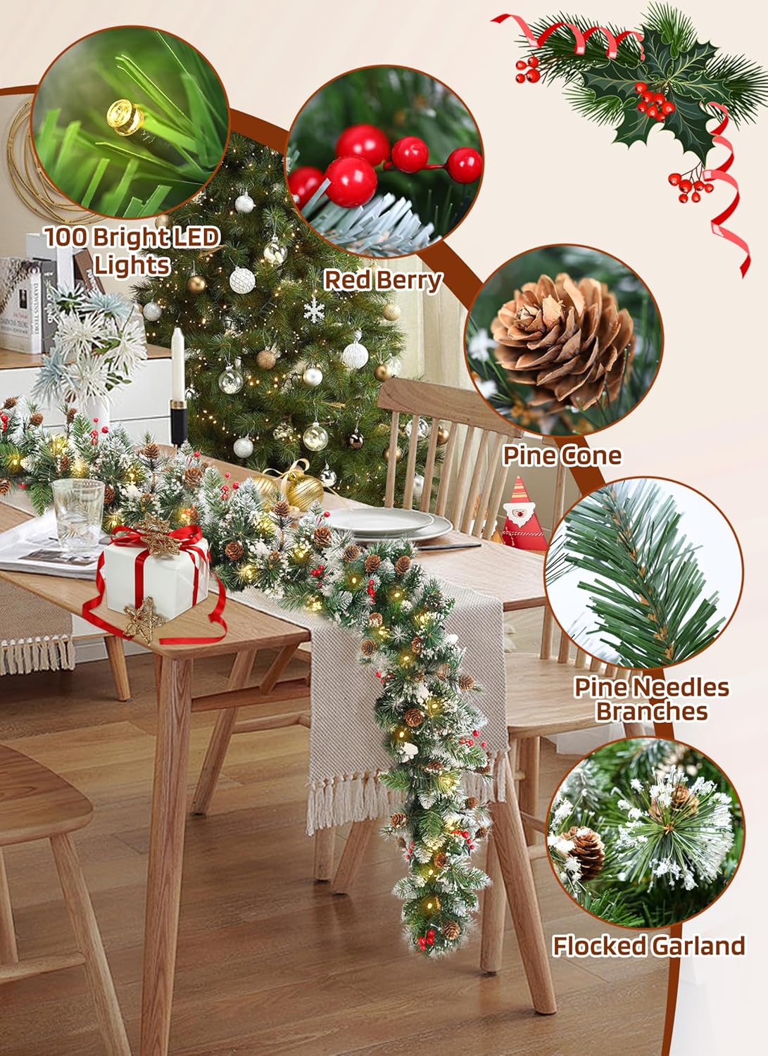 brightown-9ft-100-led-battery-operated-christmas-garland-with-lights-pine-cones- image 2