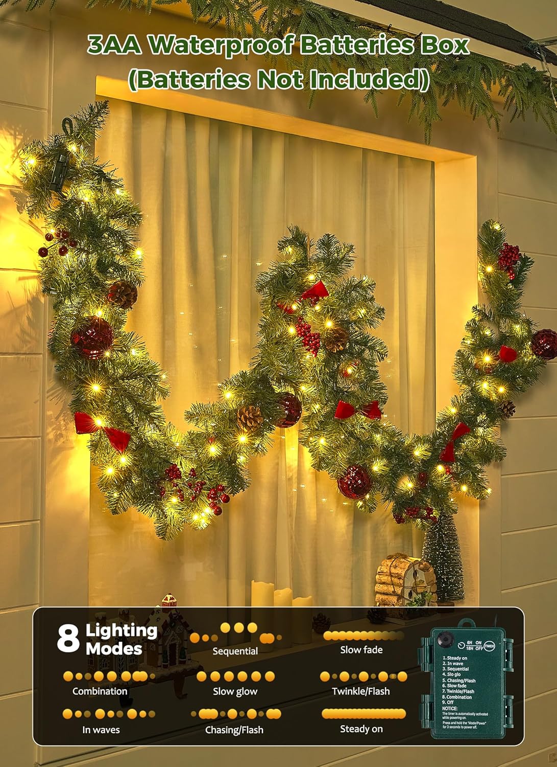 brightown-9ft-christmas-garland-with-lights-battery-operated-100-led-white-light image 4