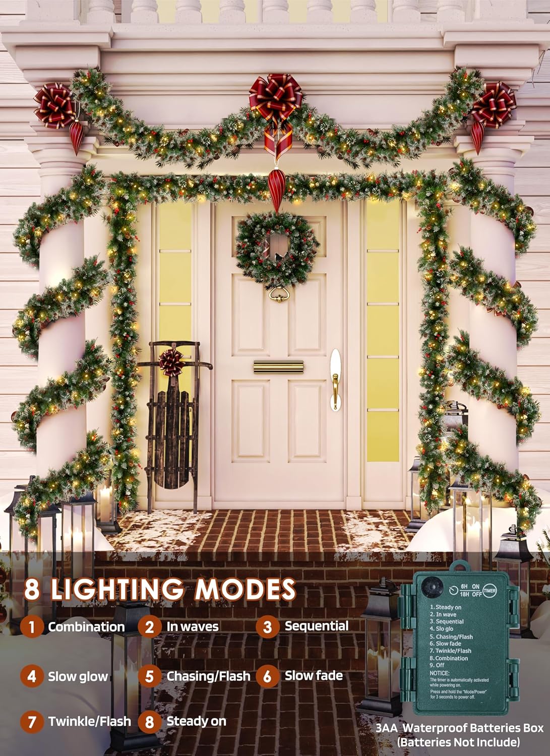brightown-9ft-100-led-battery-operated-christmas-garland-with-lights-pine-cones- image 7