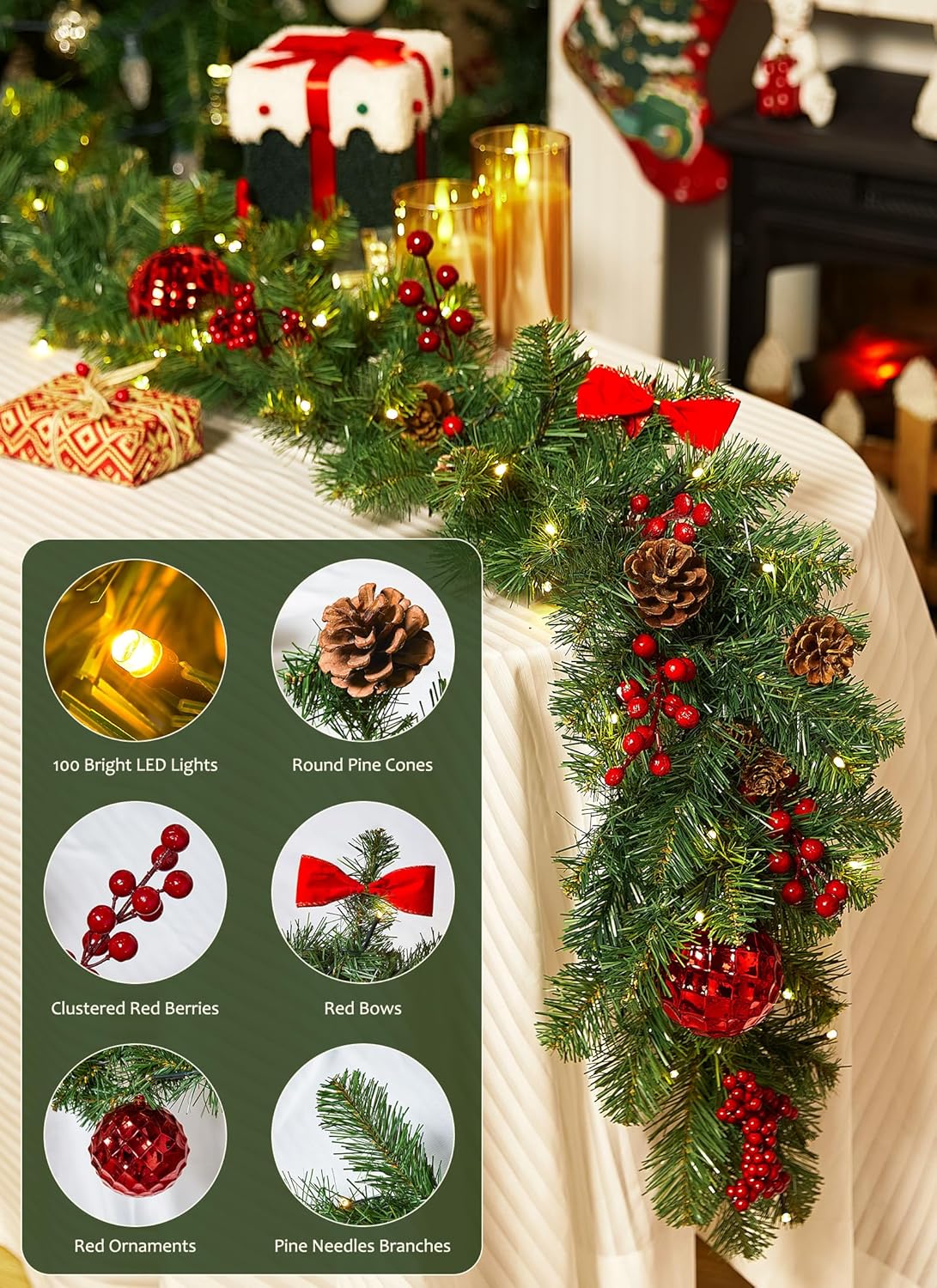 brightown-9ft-christmas-garland-with-lights-battery-operated-100-led-white-light image 5
