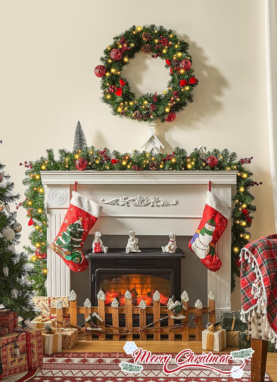 brightown-9ft-christmas-garland-with-lights-battery-operated-100-led-white-light image 7