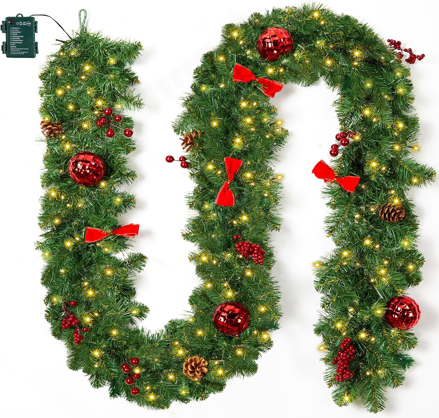 brightown-9ft-battery-operated-christmas-garland-with-100-led-warm-white-lights- image 1