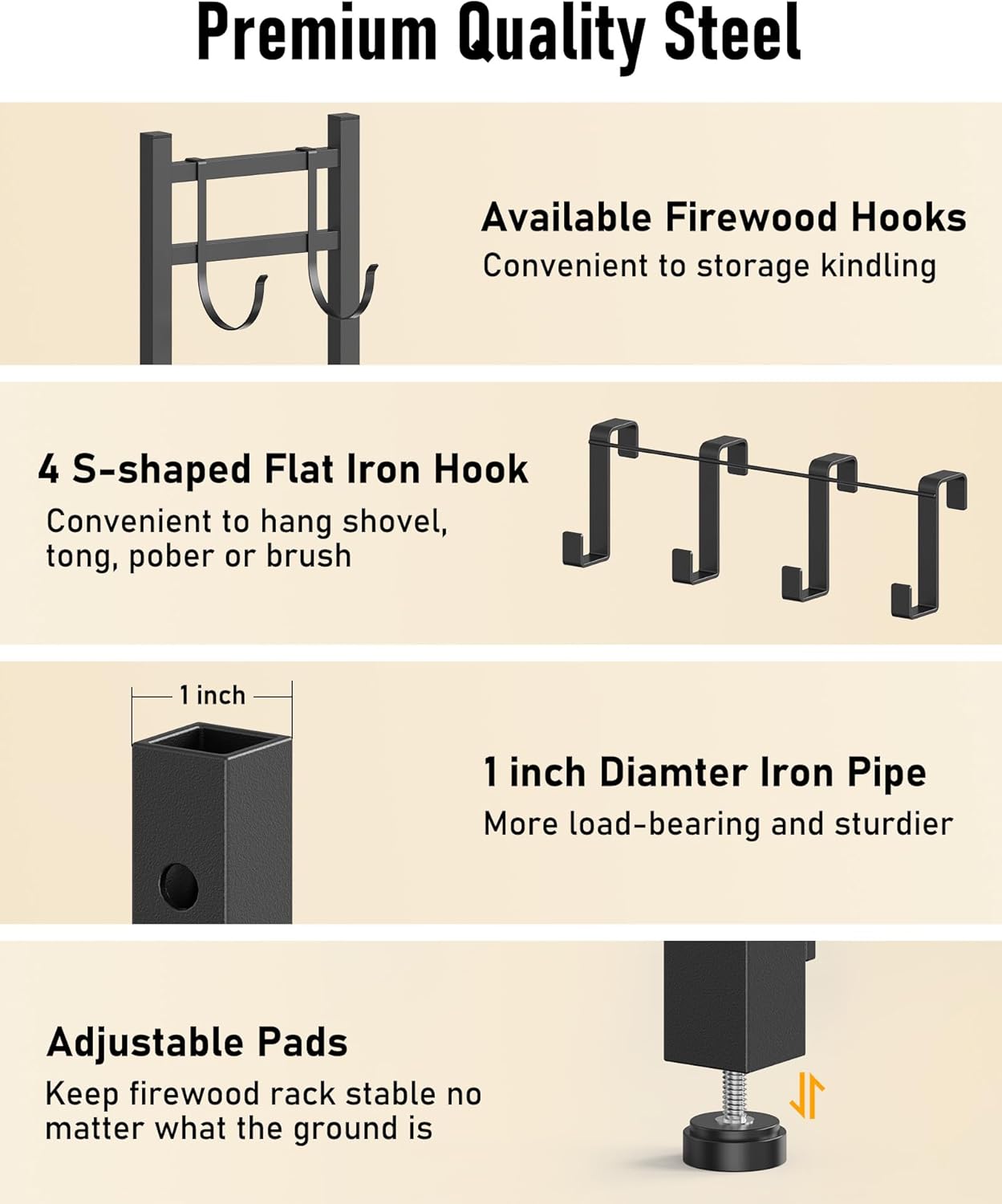 brightown-heavy-duty-firewood-rack-black-adjustable-feet-holds-1-4-face-cord-inc image 4