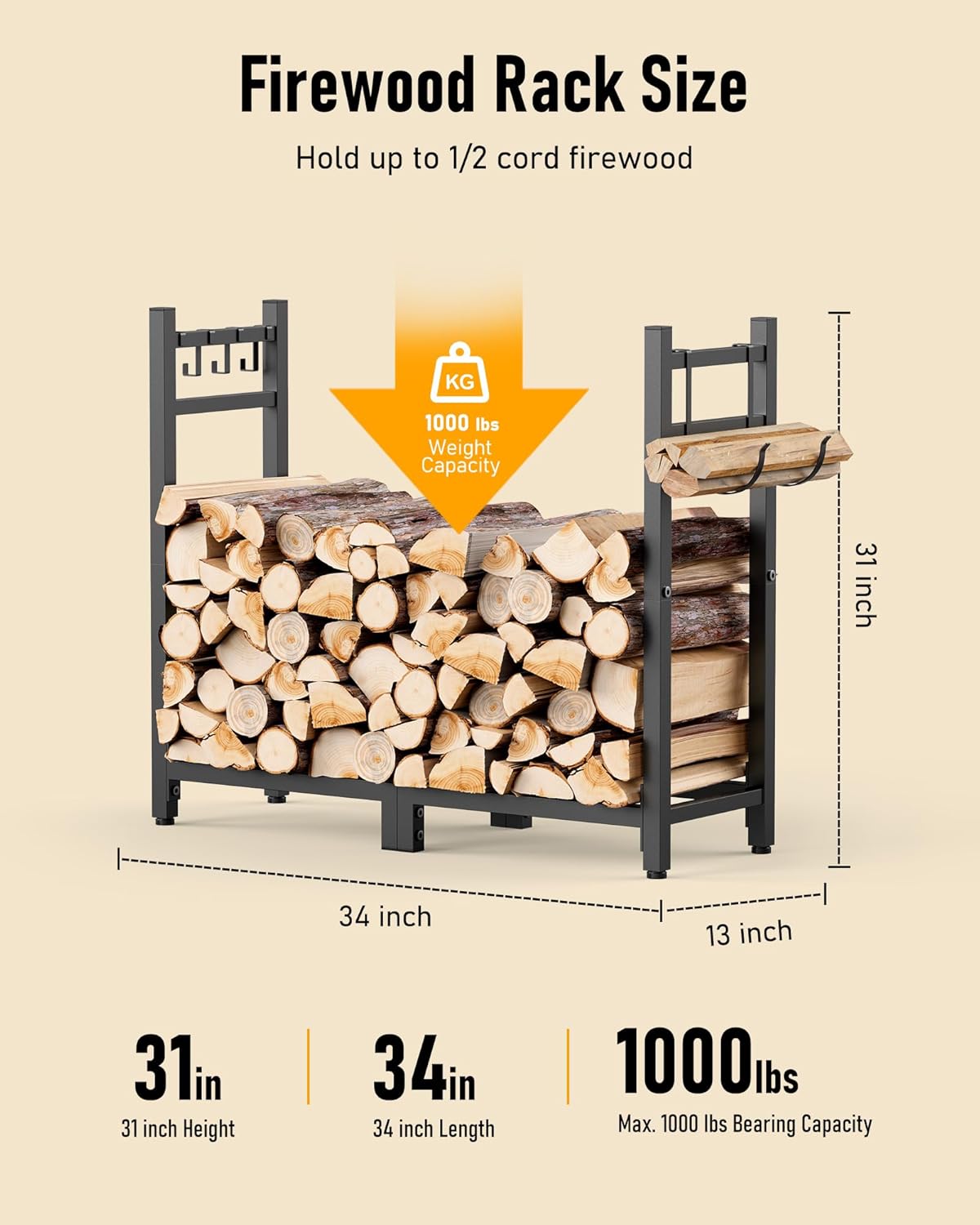 brightown-heavy-duty-firewood-rack-black-adjustable-feet-holds-1-4-face-cord-inc image 5